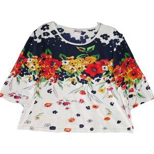 American Sweetheart Size L 3/4 Sleeve Top Bright Floral Print on White
